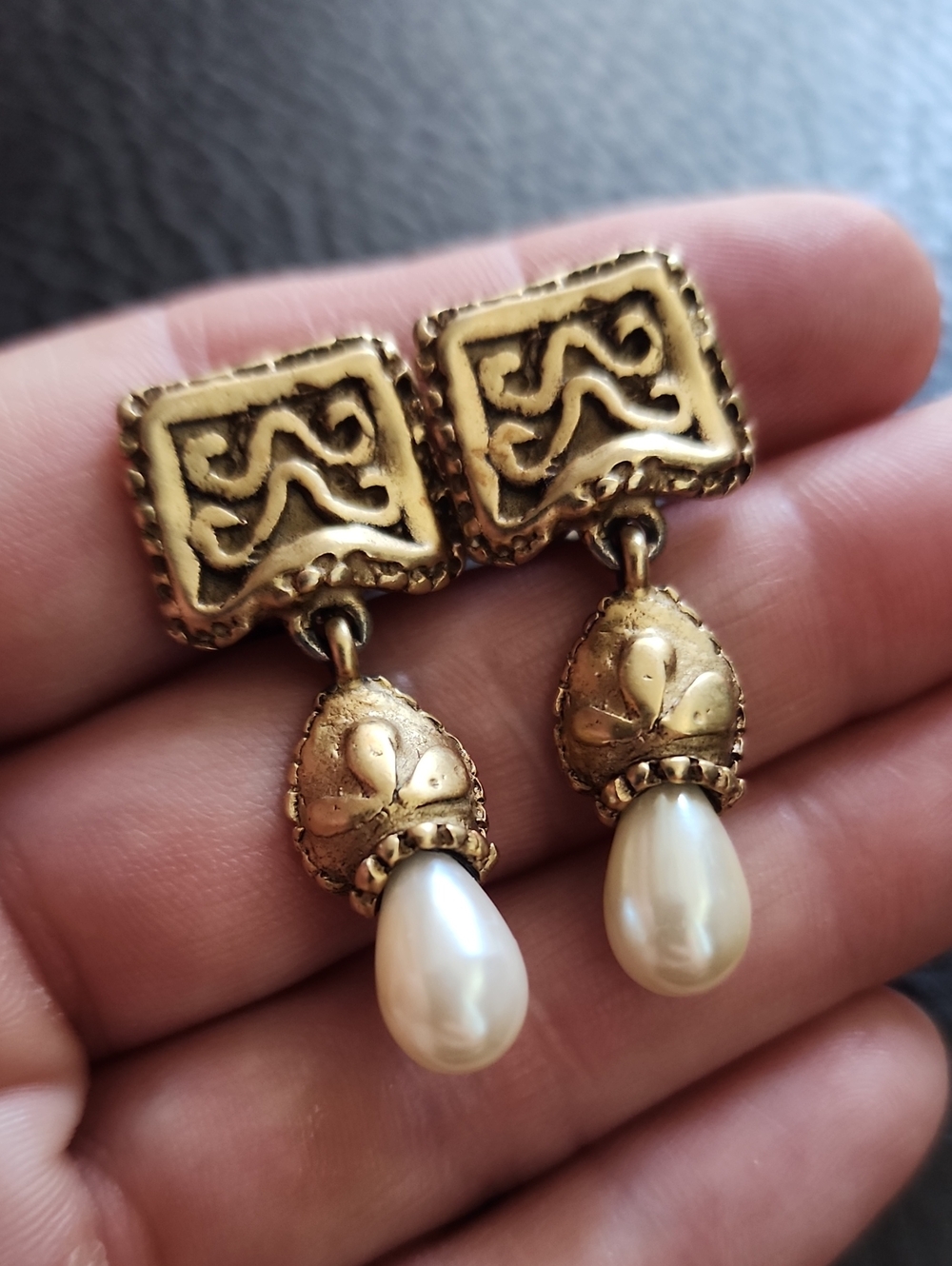 DKNY Gold-Tone Vintage Style Drop Clip Earrings with Pearl Teardrops